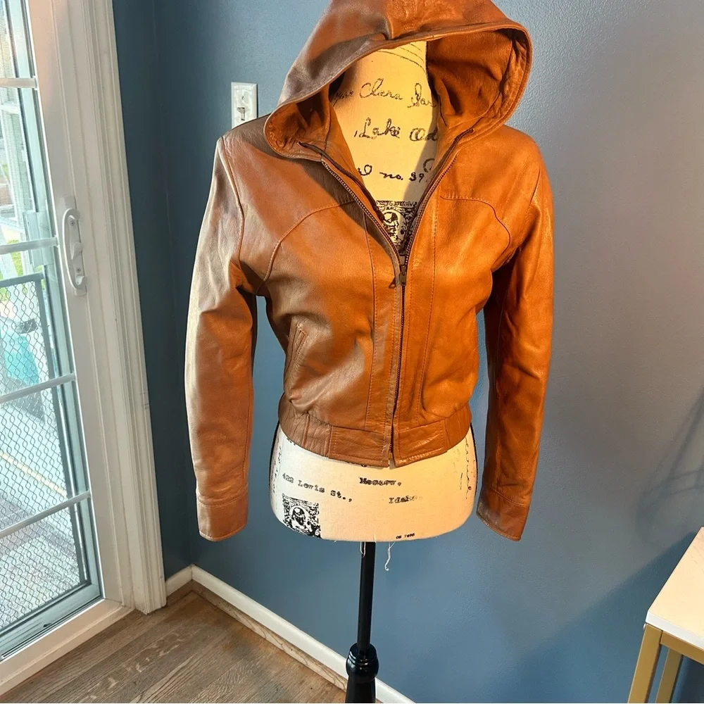 Women's Tan Leather Jacket with Hood - Picture 13 of 15